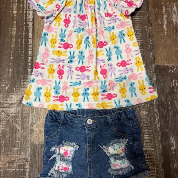 None Other - Girls Bunny Print Top and Denim Shorts Set